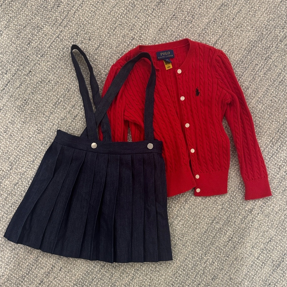 Classic pleated Jacadi skirt with suspenders and Polo cable knit sweater